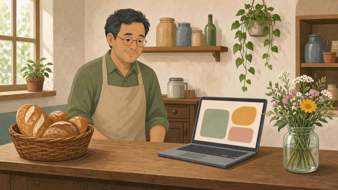 A corner-shop owner looking at a simple laptop