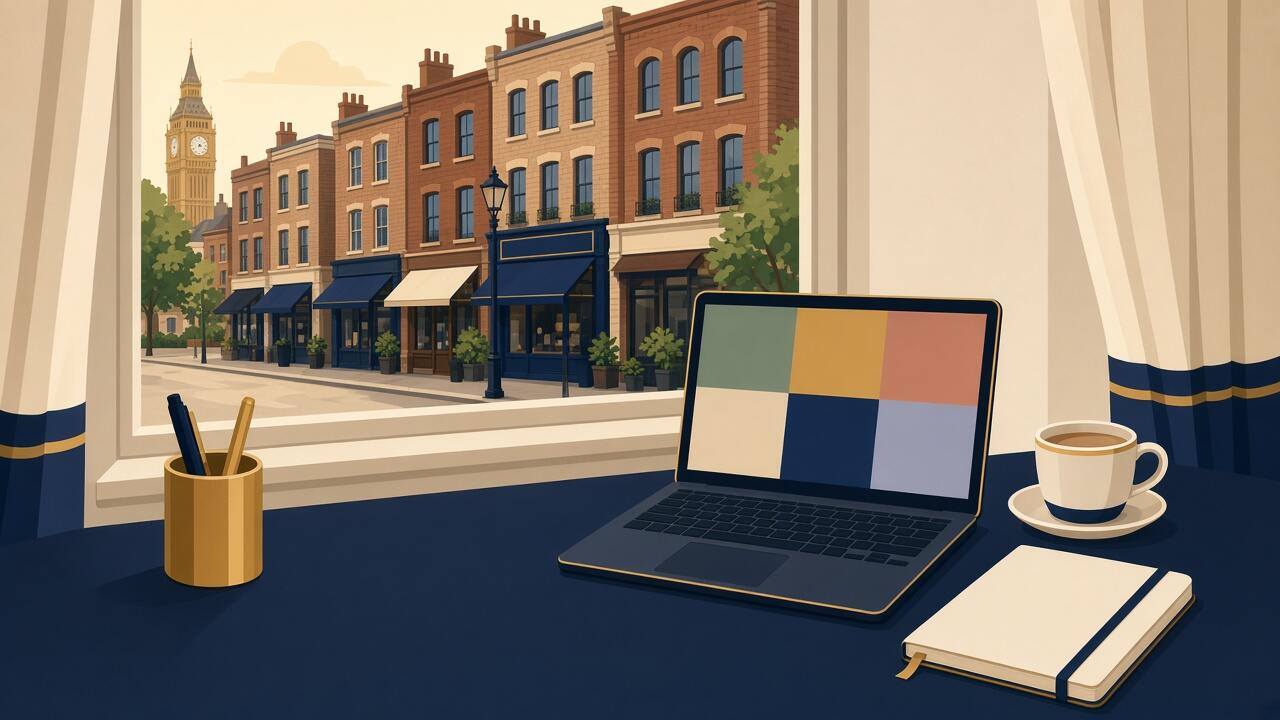 A desk overlooking a London high street, with a laptop ready for a new business website