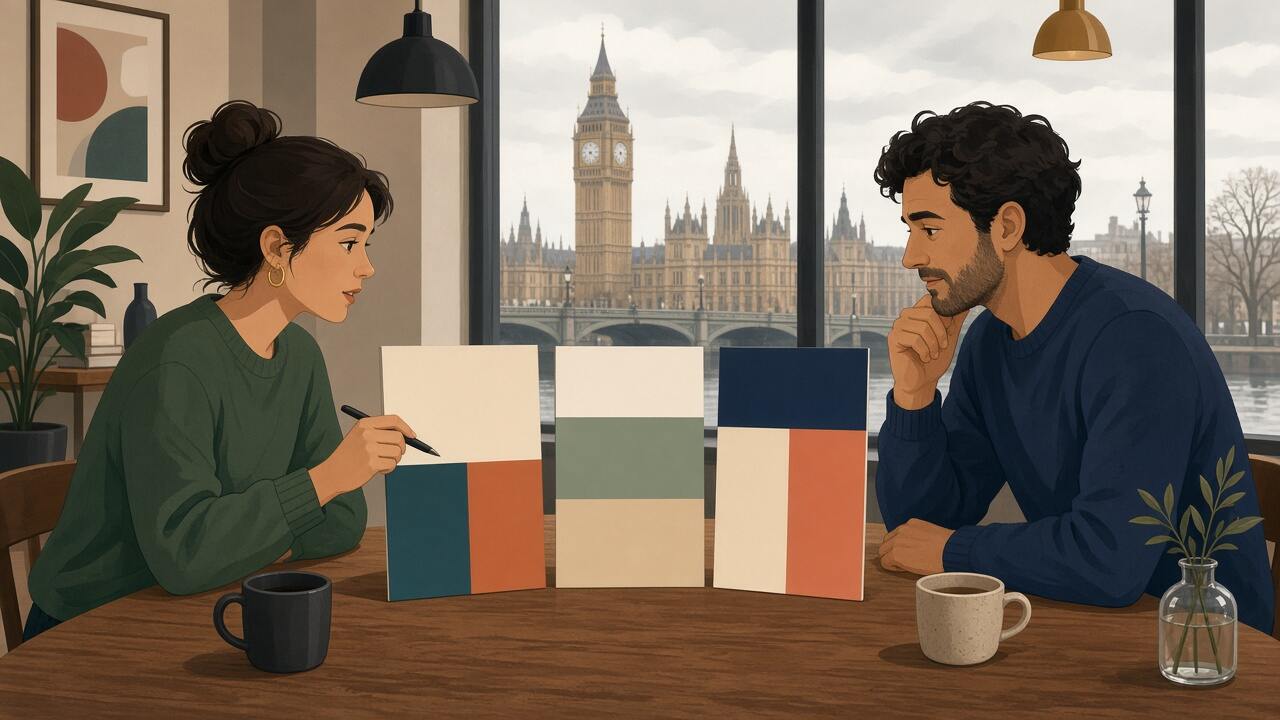 Two people comparing website layouts at a cafe table