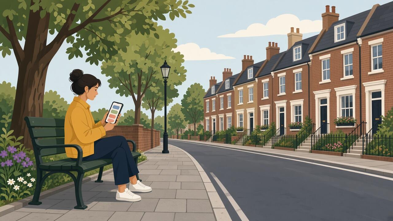 A person on a residential street using a phone with large buttons