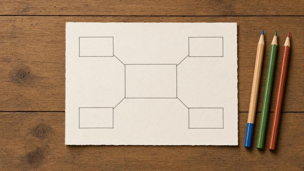 A paper plan of website pages with coloured pencils